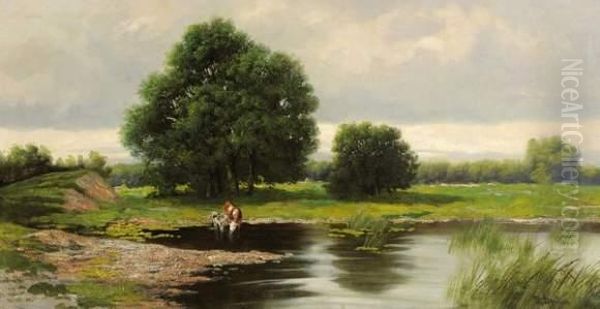 Vaches S'abreuvant A Une Mare Oil Painting by Pawel Pawlowitsch Dshogin