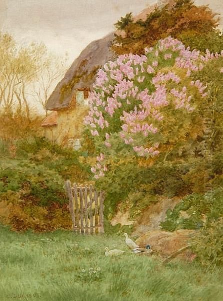 Ducks Before A Lilac Covered Cottage Oil Painting by Curtius Duassut