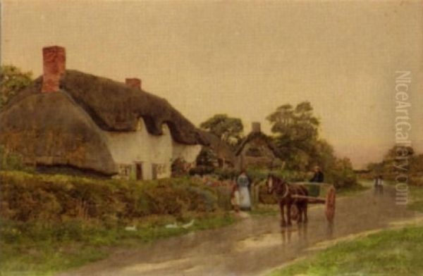 Horse And Cart Outside Cottages Oil Painting by Curtius Duassut