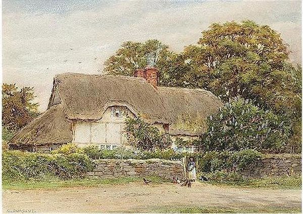 A Girl Feeding Chickens By A Thatched Cottage Oil Painting by Curtius Duassut