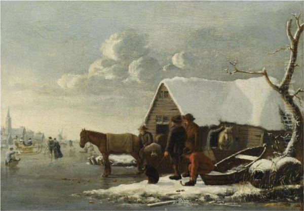 A Winter Landscape With Figures And Horses Near A Barn, Skaters On A Frozen Lake, A Church Beyond Oil Painting by Hendrick Dubbels