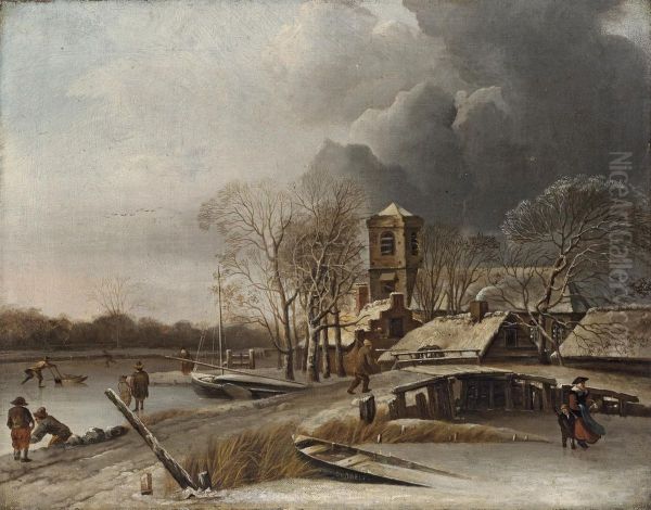 A Winter Landscape With Figures Skating Oil Painting by Hendrick Dubbels