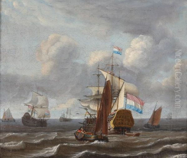 Seascape In Stormyweather With A Dutch Man-of-war And Small Freightships Under Aheavily Clouded Sky Oil Painting by Hendrick Dubbels