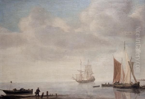 A Calm Harbour Scene Oil Painting by Hendrick Dubbels