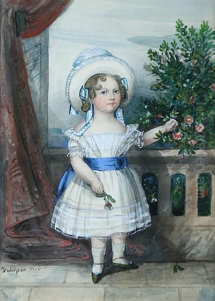 A Young Child On A Balcony Holding A Garland Of Flowers Oil Painting by William C. Dubisson