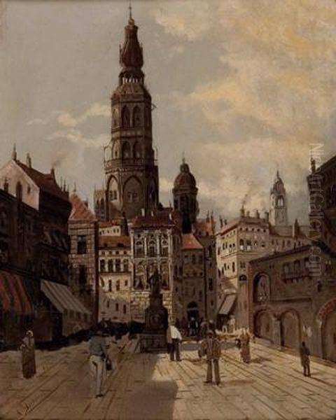 Belebter Stadtplatz Oil Painting by A. Dubois