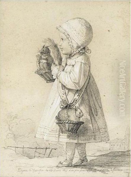 Petite Fille De Profil Avec Son Ecureuil Et Son Lapin Oil Painting by A. Dubois