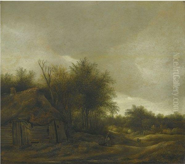 A Dune Landscape With Figures On A Sandy Path Near A Cottage Oil Painting by Guillam de Vos