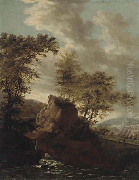 A Rocky River Landscape With Travellers On A Track Oil Painting by Guillam de Vos