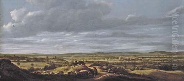 An Extensive Landscape With Huntsmen Resting On A Path, A Town Beyond Oil Painting by Guillam de Vos