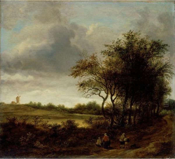 Landscape With Figures On A Tree-lined Path A Windmill Beyond Oil Painting by Guillam de Vos