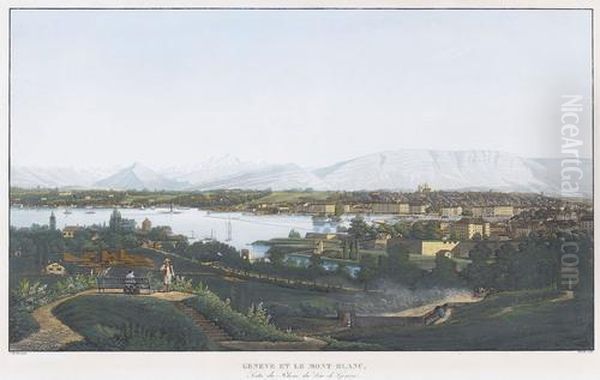 Geneve Et Le Mont Blanc,/sortie Du Rhone Du Lac De Oil Painting by Jean-Baptiste Dubois