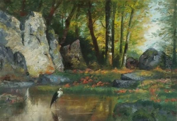 Paysage A La Riviere Anime D'unecigogne Oil Painting by Louis Dubois