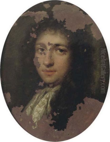 A Gentleman Said To Be Robert Harley, 1st Earl Of Oxford And Earl Mortimer (1661-1724), In Lace Jabot And Long Curling Wig Oil Painting by Simon Dubois