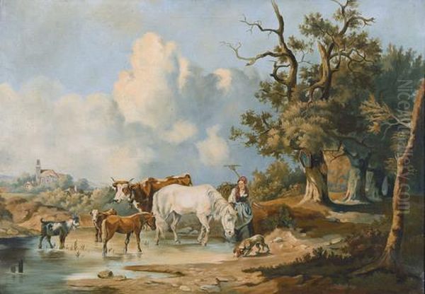 Sommerliche Landschaft Mit Bauerin Und Tieren Oil Painting by Charles Dubois, Dit Dubois-Melly