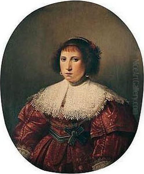 Portrait Of A Lady, Half Length, Wearing A Burgundy Dress With A Lace Collar Oil Painting by Pieter Dubordieu