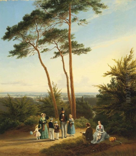 The Artist Painting His Family In A Wooded Landscape Oil Painting by Pierre Louis Dubourcq