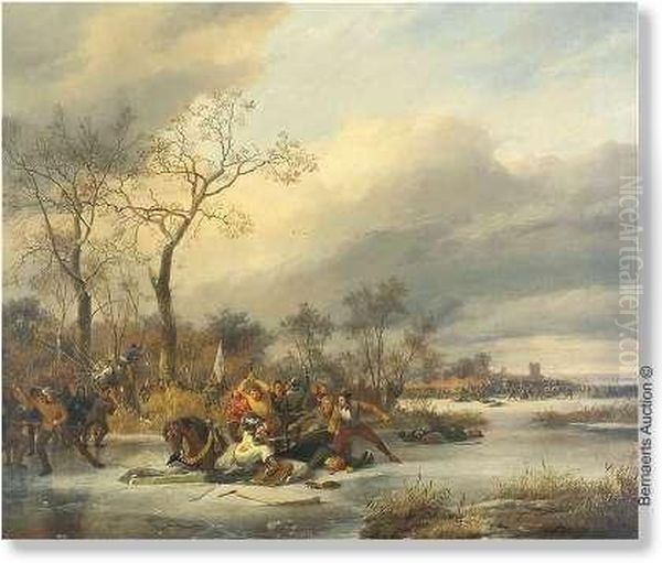 Battle On Theice. Canvas. Signed And Dated 1838. Oil Painting by Pierre Louis Dubourcq