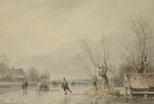 Patineurs Dans Un Paysage Oil Painting by Pierre Louis Dubourcq