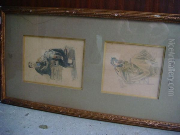 Esquisses De Femmes Deux Dessins Aquarelles Oil Painting by Augustin Dubourg