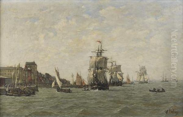 Navires Pres D'un Port Oil Painting by Louis Alexandre Dubourg