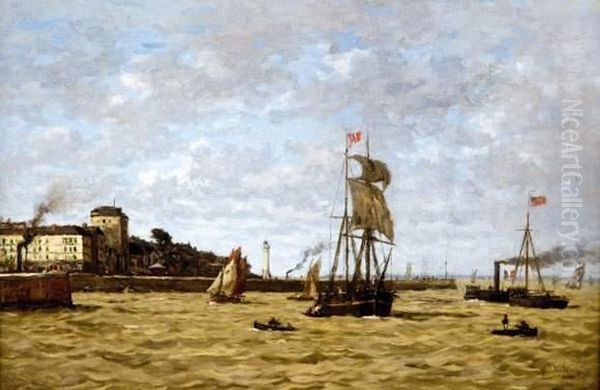 Voiliers Devant Honfleur, Vue Vers Le Phare Et La Cote De Grace,circa 1880 Oil Painting by Louis Alexandre Dubourg