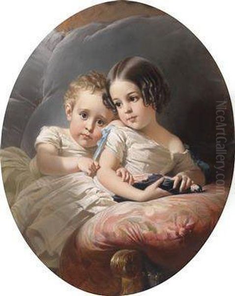 Portrait Of Two Children Oil Painting by Edouard Louis Dubufe