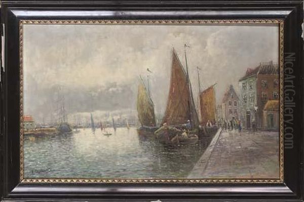 Boats In The Harbour Oil Painting by Anna Dubuis