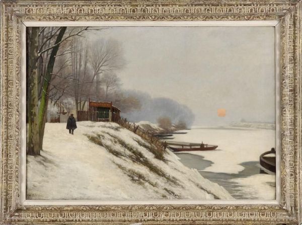 Winterliche Fluslandschaft Mit Ausflugslokal. Oil Painting by Albert-Lucien Dubuisson