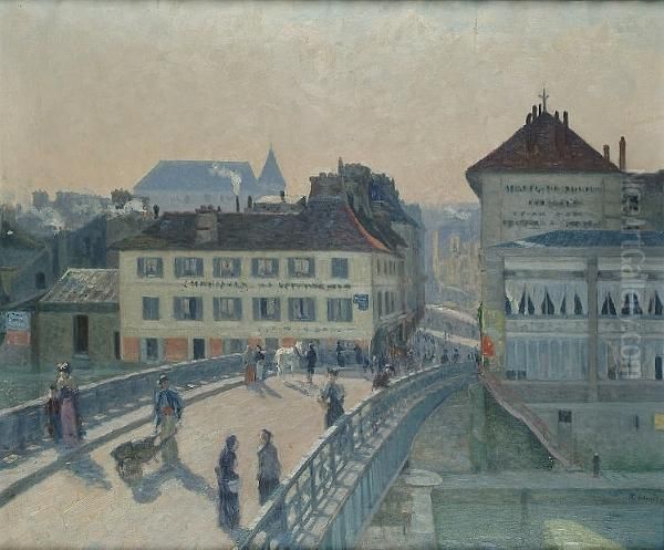 Figures On A Bridge In A Continental Town Oil Painting by Albert-Lucien Dubuisson