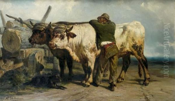 Bucheron Et Ses Boeufs Oil Painting by Alexandre Dubuisson