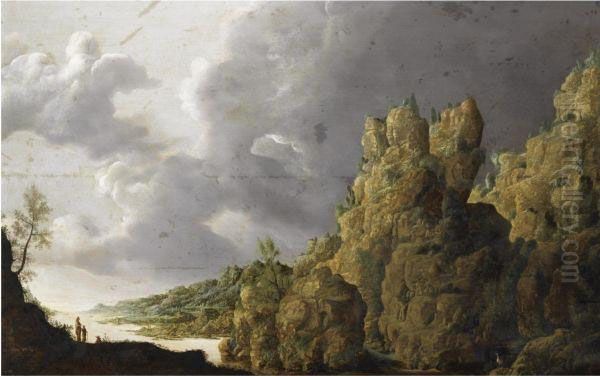 An Extensive Rocky Landscape With Figures On A Path In Theforeground Oil Painting by Mathieu Dubus