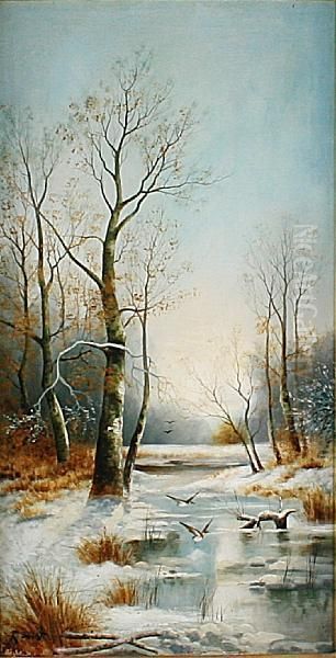 Moonlit River Landscape; Wintry Riverlandscape Oil Painting by R. Ducat