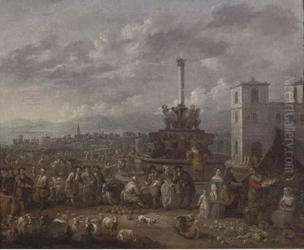 Vegetable Vendors By A Fountain And Other Figures And Cattle On A Market Square In An Italianate Town Oil Painting by Francois Duchatel