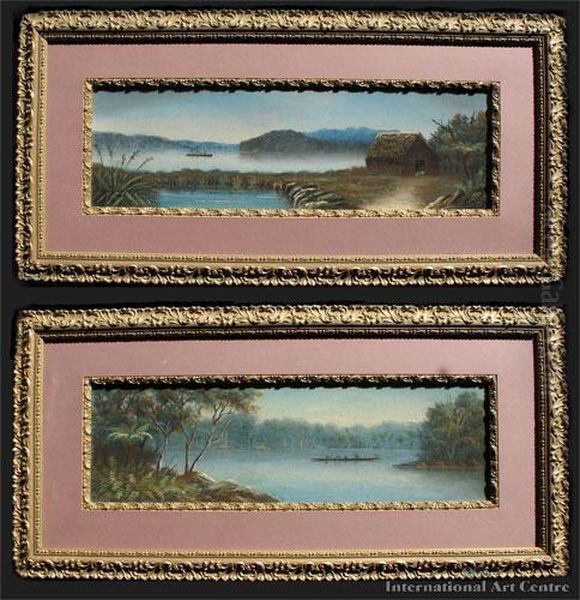 Lake Scenes With Waka, Whare & Ship Oil Painting by H. Duchere De Vere