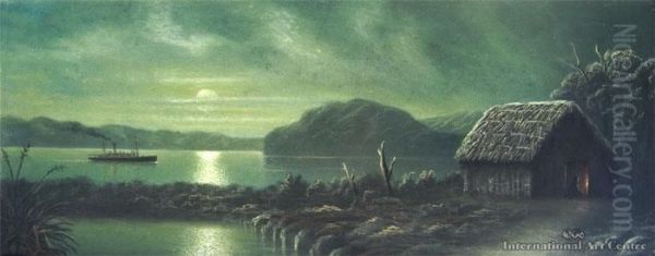 Nocturnal Lake Scene With Boat And Whare Oil Painting by H. Duchere De Vere