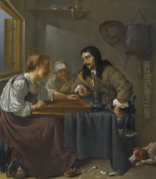 A Couple Playing Backgammon Oil Painting by Jacob Duck