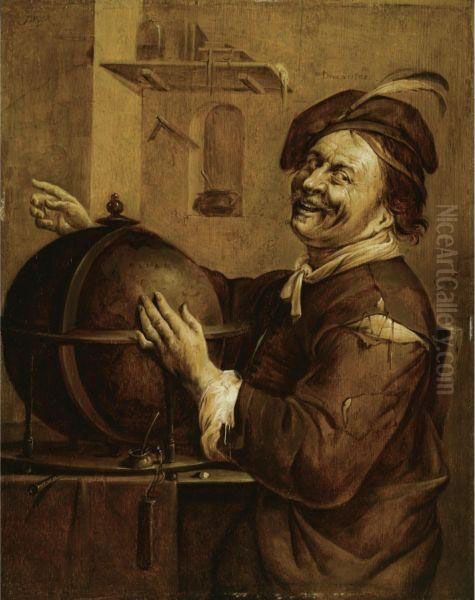 Laughing Democritus, Seated Next To A Terrestrial Globe Oil Painting by Jacob Duck