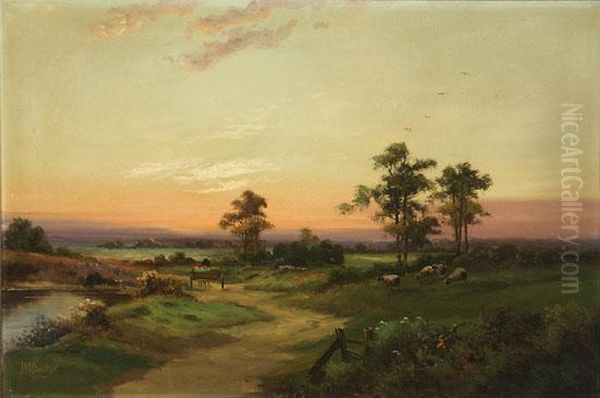 Sunset Landscape With Country Road, Figures And Sheep Oil Painting by Jack Ducker