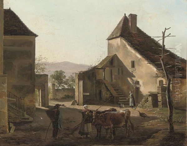 A Farmyard Chat Oil Painting by Jean-Antoine Duclaux