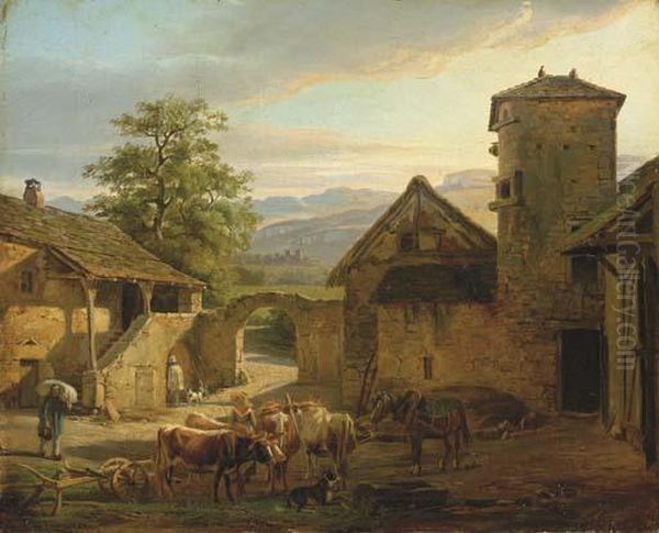 Ferme Dans Les Environs De Lyon Oil Painting by Jean-Antoine Duclaux