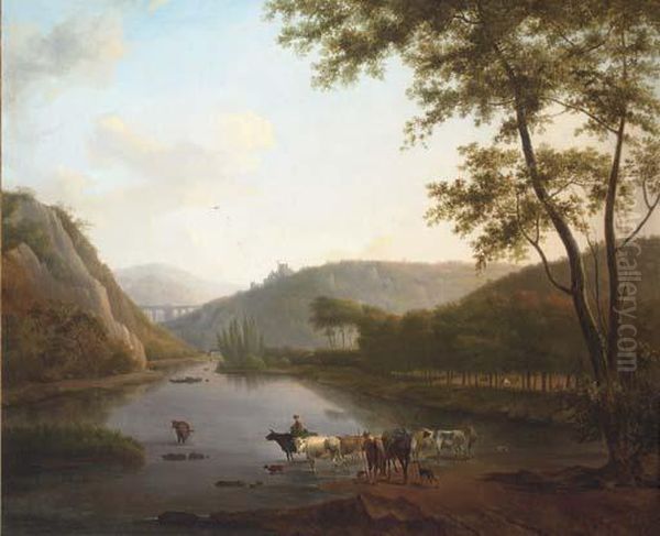 A Wooded River Landscape, With Cattle Watering, A Viaduct And Townbeyond Oil Painting by Joseph Julien