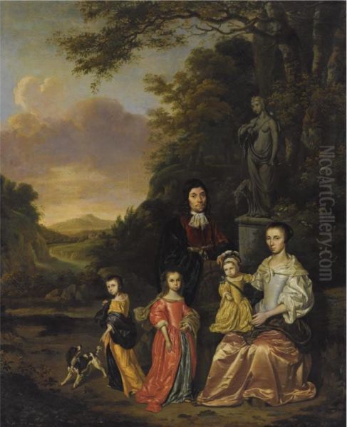 A Portrait Of A Gentleman And His Wife And Their Three Children,possibly The Loth Family, Near A Statue Of Diana The Huntress, In Aclassical Landscape Oil Painting by Jan, Johan Ducq