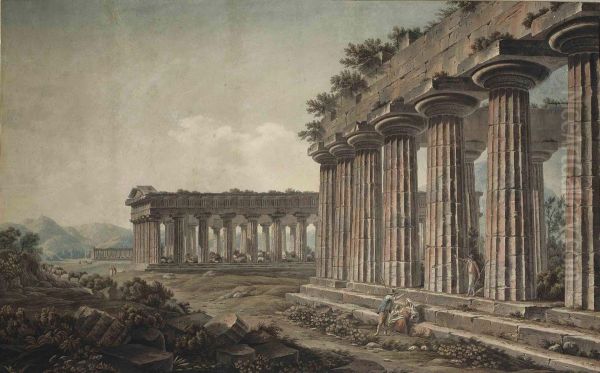 View Of The Two Temples Of Hera And The Temple Of Athena Atpaestum Oil Painting by Abraham Louis R. Ducros