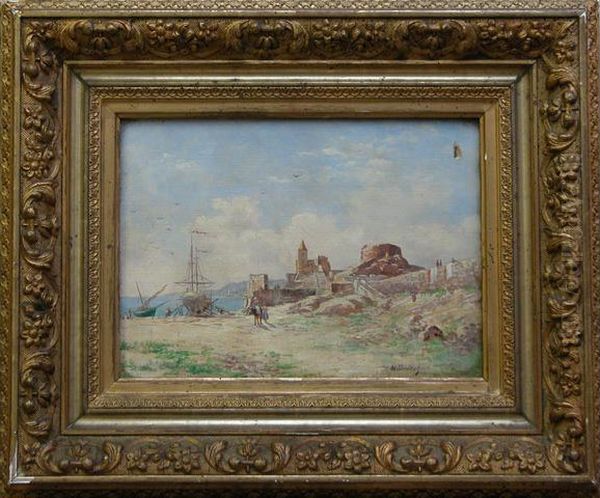 Village Fortifie Sur La Cote (environs De Genes) Oil Painting by Victor Ducrot