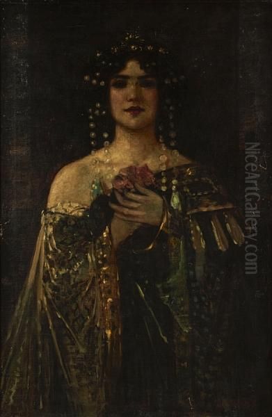 A Portrait Of A Dark Haired Beauty, Thought To Be Salome Oil Painting by Andor Dudits