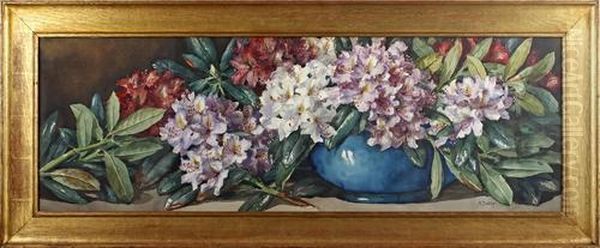 Still Life Of Rhododendrons In A Blue Bowl Oil Painting by Arthur Dudley