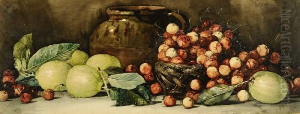 Still Life Of A Basket Of Cherries And Apples And Another Of Paper-wrapped Oranges Oil Painting by Arthur Dudley