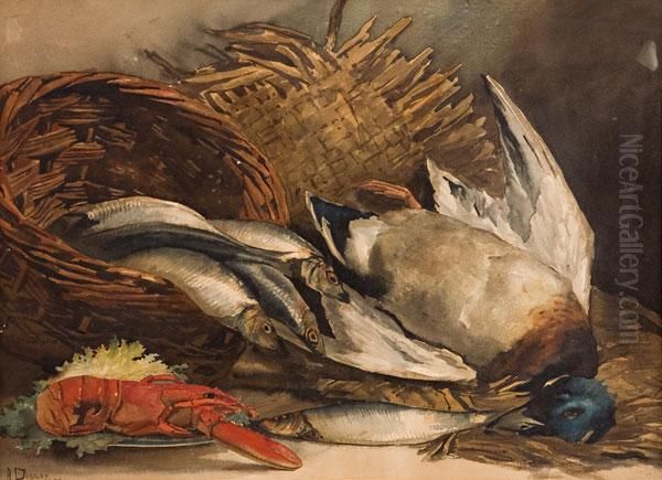 Natura Morta Di Cesta Con Pesci, Crostacei E Uccelli Oil Painting by Arthur Dudley