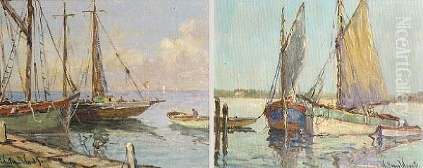 Docked Sail Boats Oil Painting by William Dudley Brunett Ward, Jr